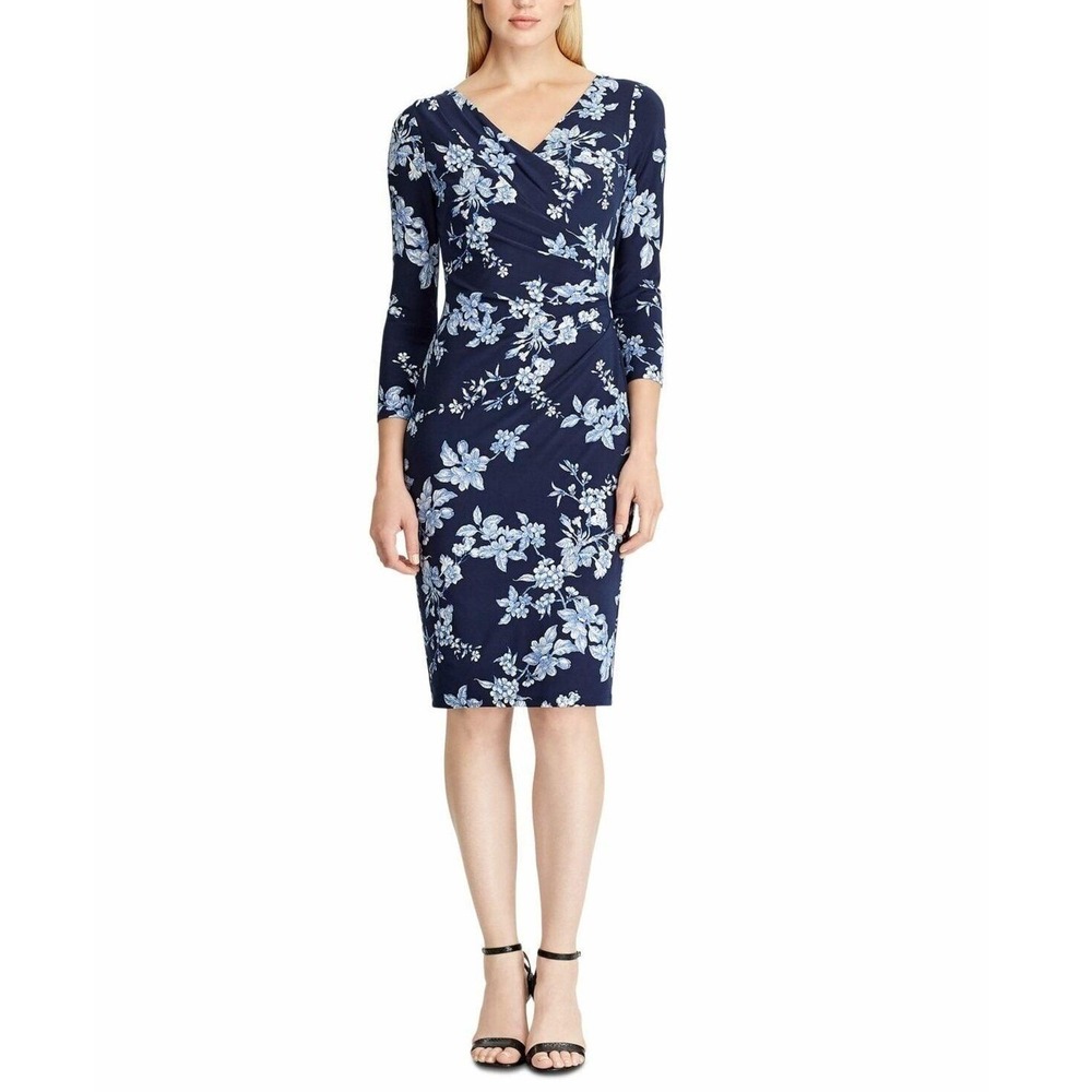 Lauren Ralph Lauren Women's Floral Printed V Neck Wrap Ruched Midi Size 16 NWT